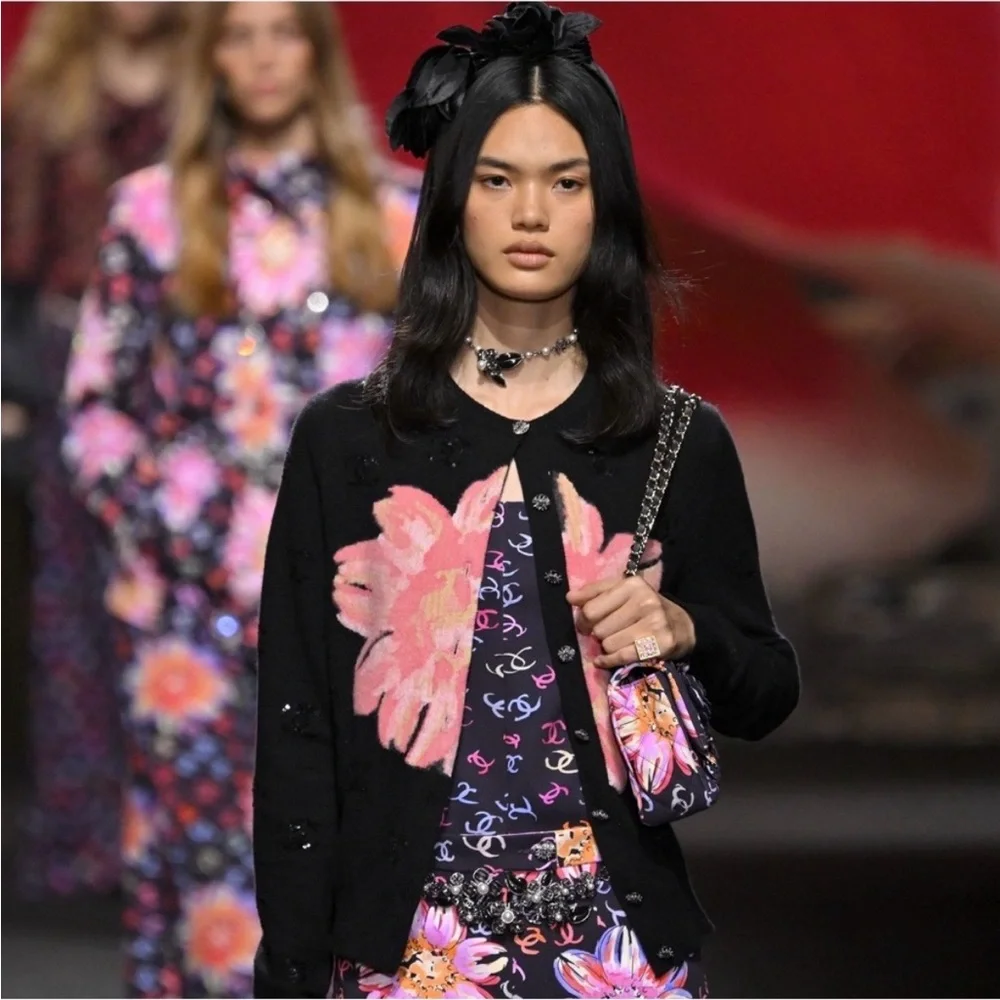 CHANEL Black Cardigan with Pink Floral Motif. 2024, 100% Cashmere, FR 36, US S